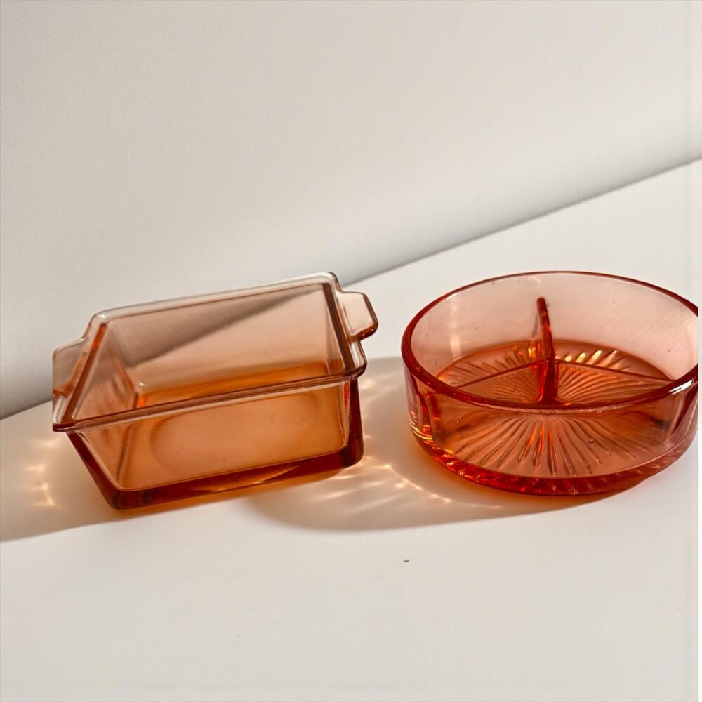 Vintage Pink Depression Glass Lot Square Dish Divided Relish Bowl Rose As-Is